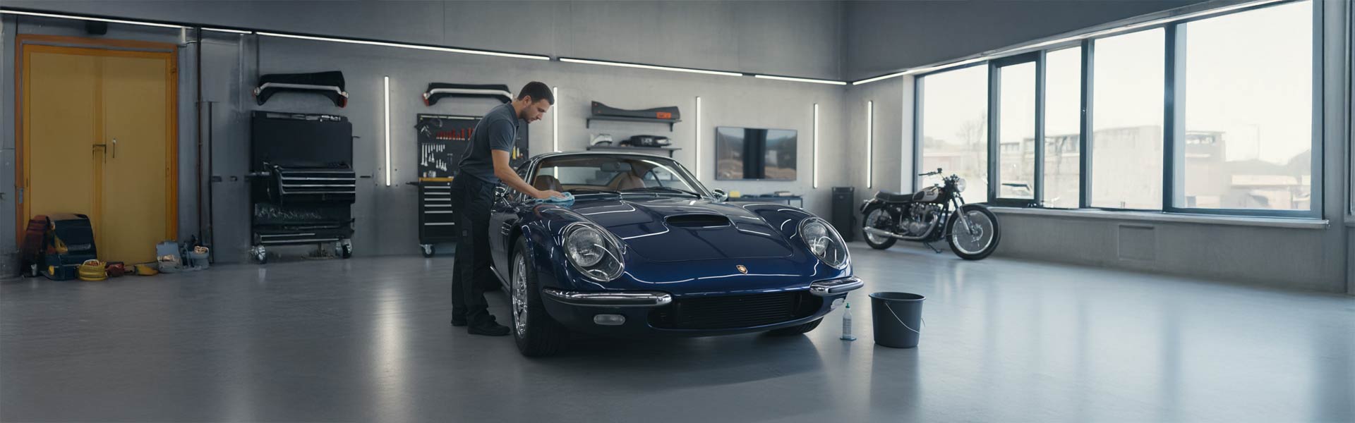 Mann pflegt sein Auto