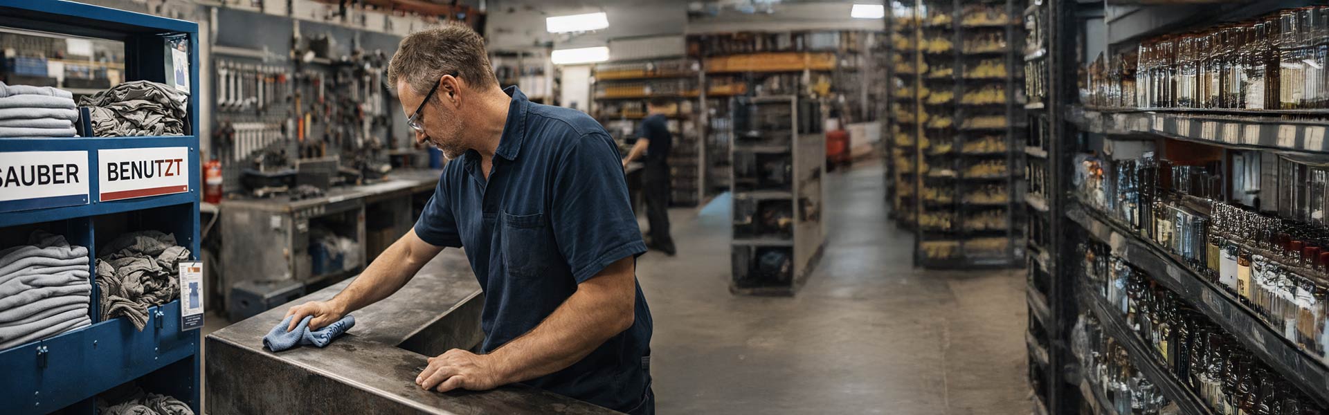 Mann reinigt Stahlteil in der Werkstatt
