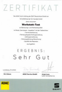 Zertifikat ADAC-Werkstatt-Test 2022