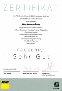 Zertifikat ADAC Werkstatt Test 2022