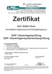 Zertifikat Gasanlagen-Prüfung