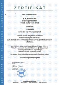 Zertifikat TÜV-Stützpunkt 2011