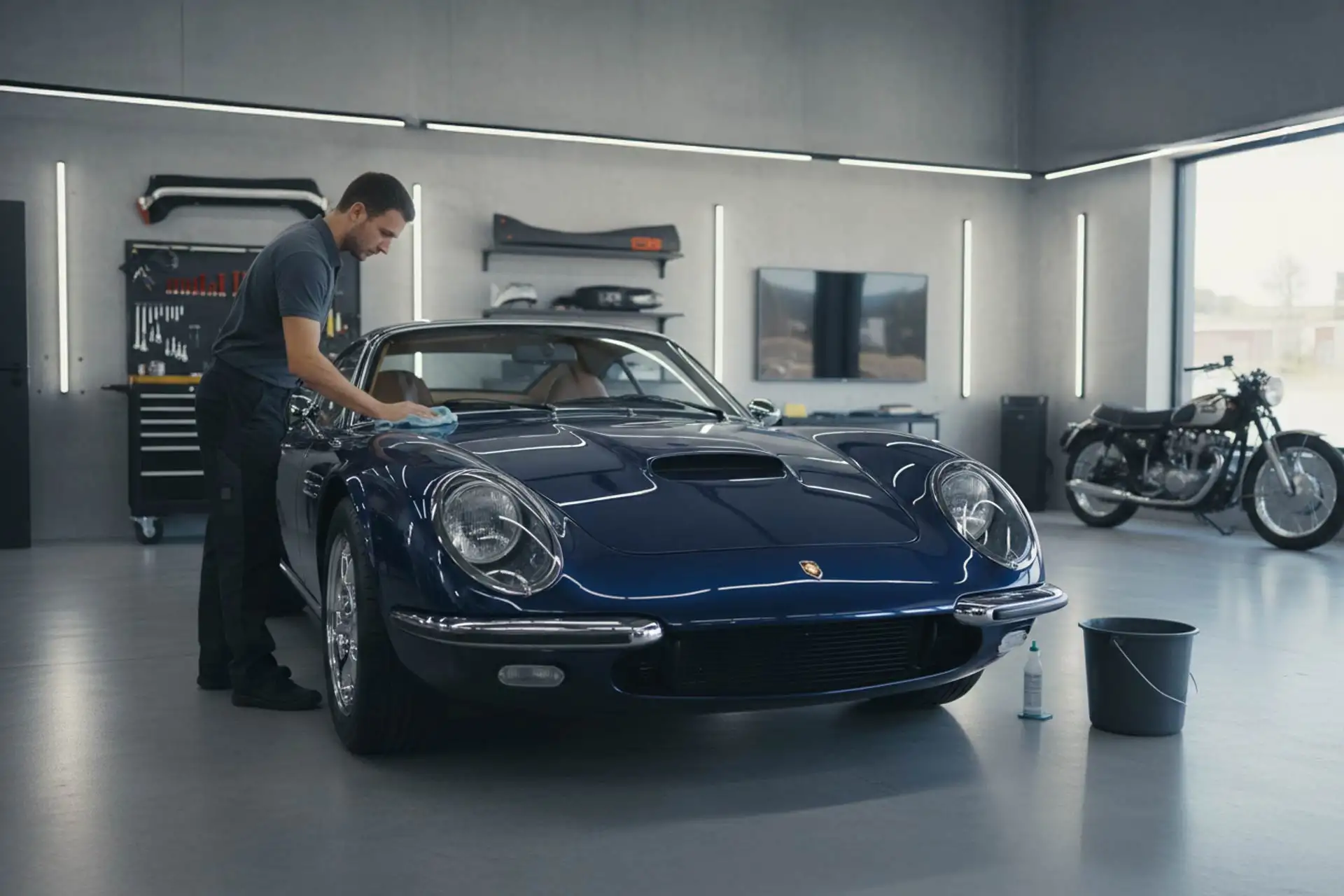 Mann pflegt sein Auto