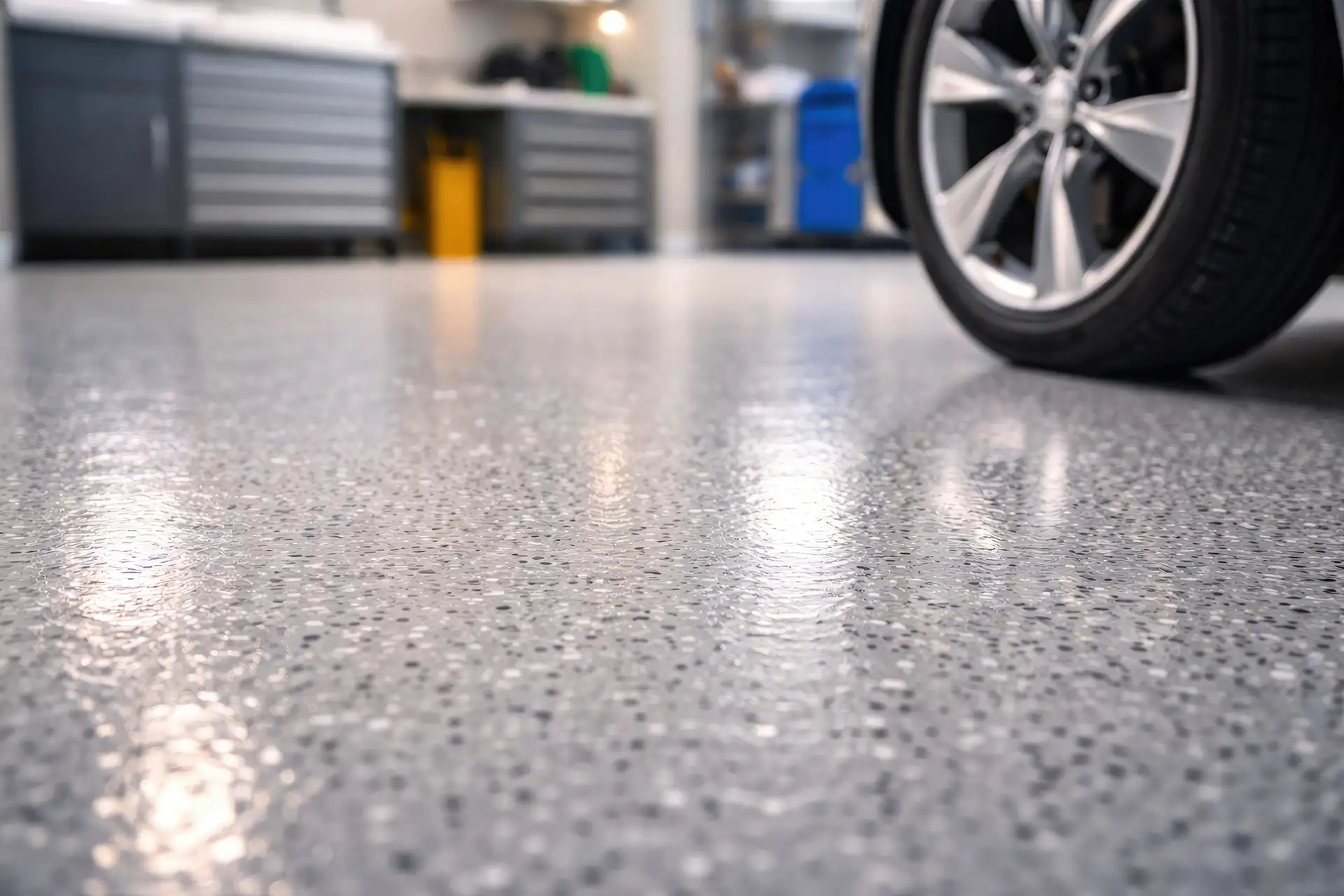 Ein robuster Garagenboden schützt den Untergrund, erleichtert die Reinigung und sorgt für mehr Komfort rund ums Fahrzeug. Glänzender Garagenboden mit Fahrzeugreifen im Vordergrund und unscharfer Werkstattausstattung im Hintergrund.