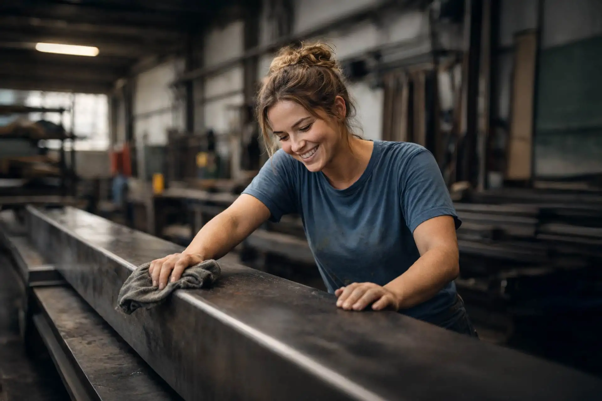 Frau reinigt Stahlteil in der Werkstatt Frau reinigt Stahlteil in der Werkstatt